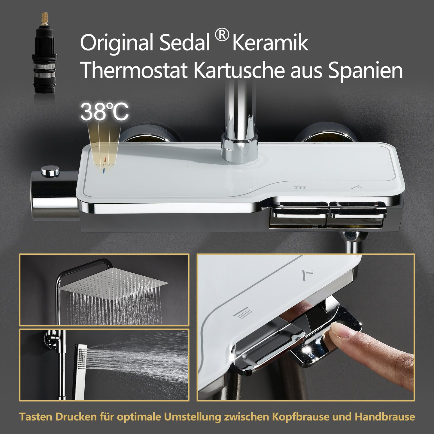 JOHO Thermostat Duschsystem mit Thermostatische, Überkopfbrause,Handbrause,Duschstange Chrom