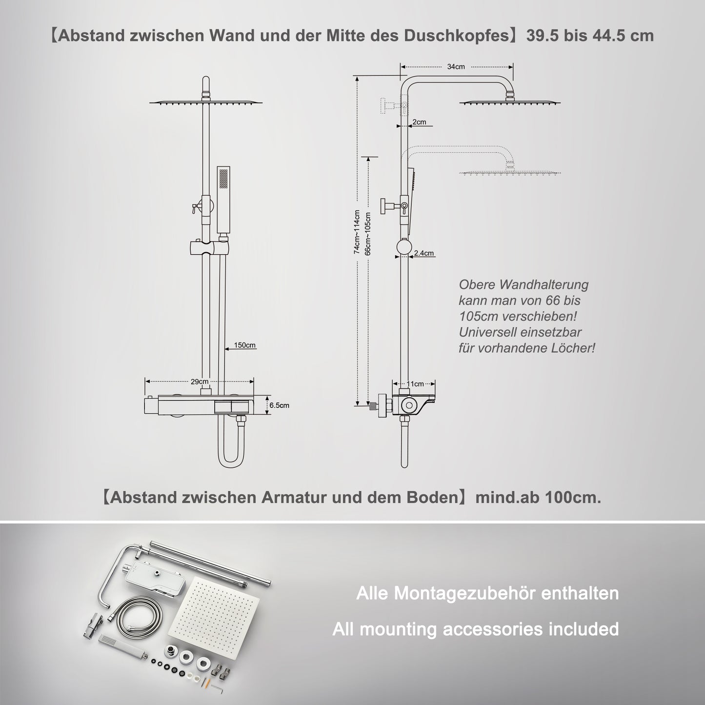 JOHO Thermostat Duschsystem mit Thermostatische, Überkopfbrause,Handbrause,Duschstange Chrom