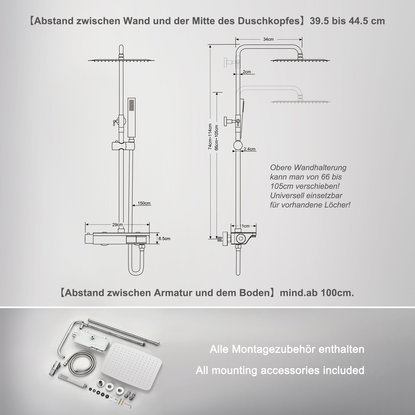 JOHO Thermostat Duschsystem mit Thermostatische, 35*25CM Überkopfbrause,Handbrause,Duschstange Chrom