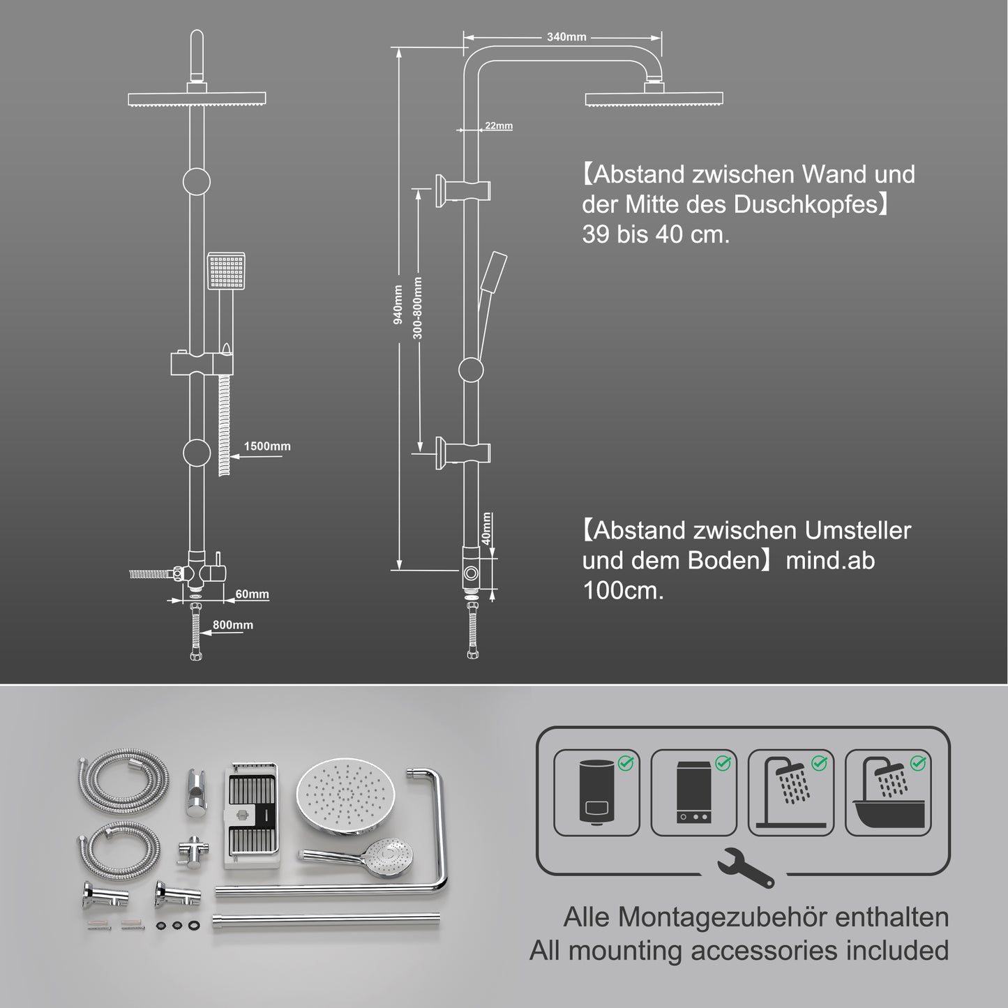 JOHO Regendusche Duschset ohne Armatur, Edelstahl Duschsystem mit Ablage, Duschstange set mit Kopfbrause ABSD20cm