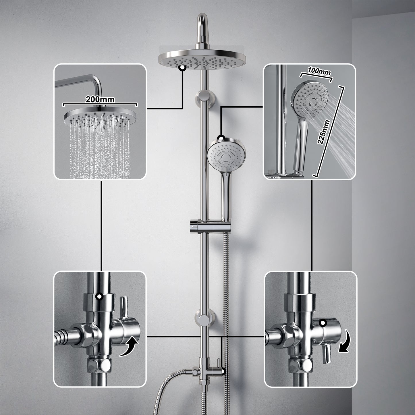 JOHO Regendusche Duschsystem ohne Duscharmatur, Edelstahl Duschset mit ABS Regenduschkopf Rund D20cm Chrom