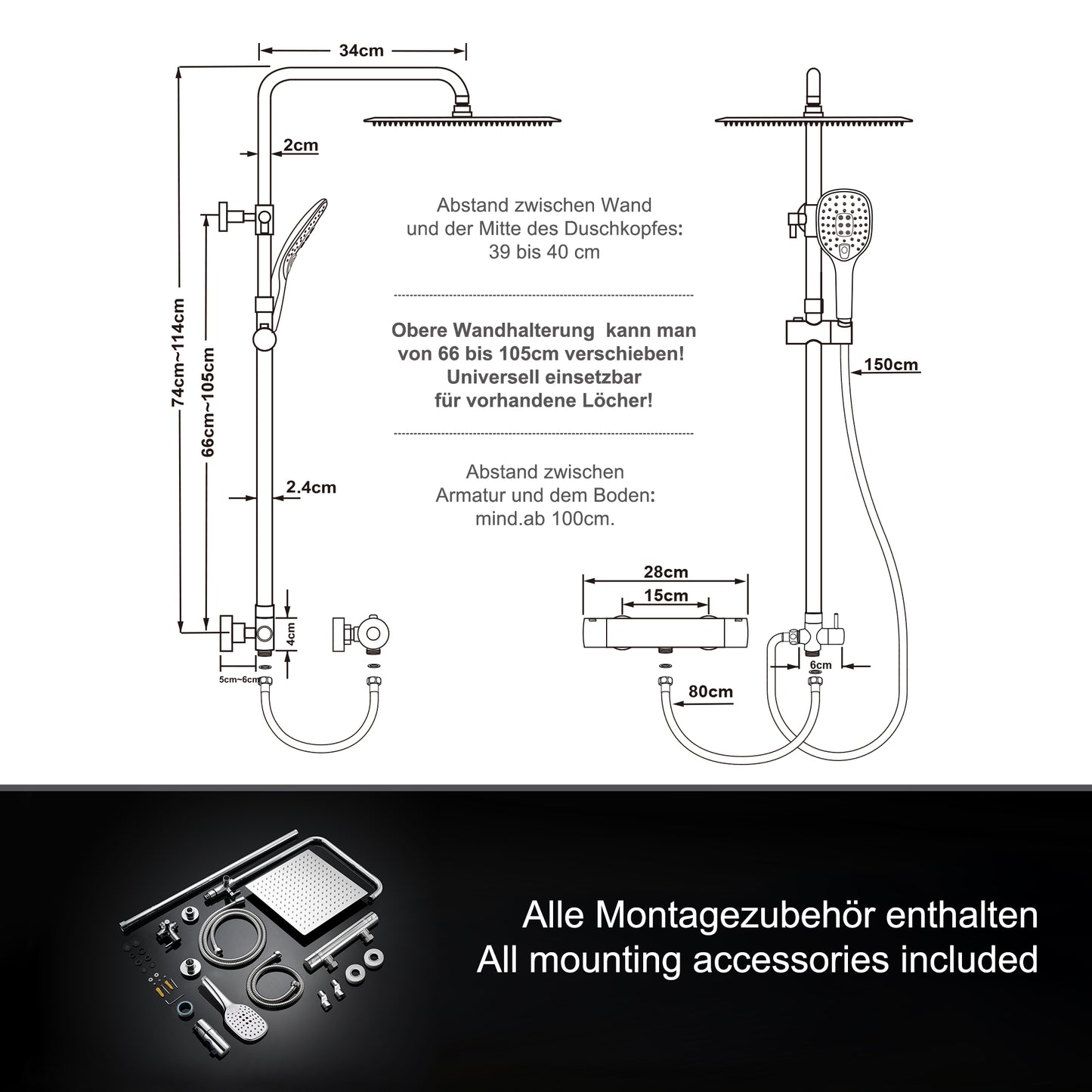 JOHO Regendusche Duschsystem mit Thermostatbatterie Edelstahl Duschset mit Duscharmatur Komplettset Chrom