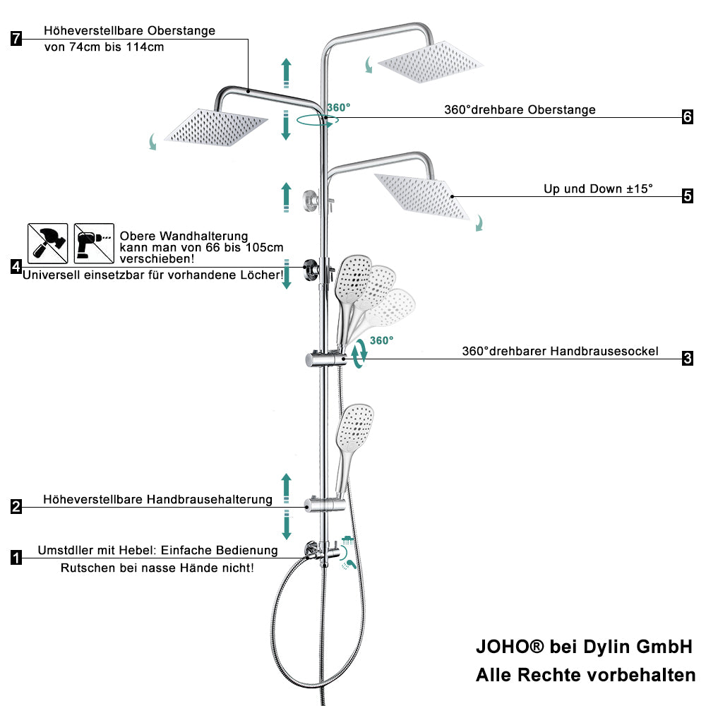 JOHO Regendusche Duschsystem mit Thermostatbatterie Edelstahl Duschset mit Duscharmatur Komplettset Chrom