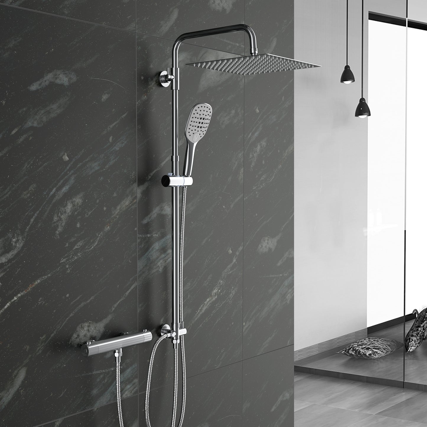 JOHO Regendusche Duschsystem mit Thermostatbatterie Edelstahl Duschset mit Duscharmatur Komplettset Chrom