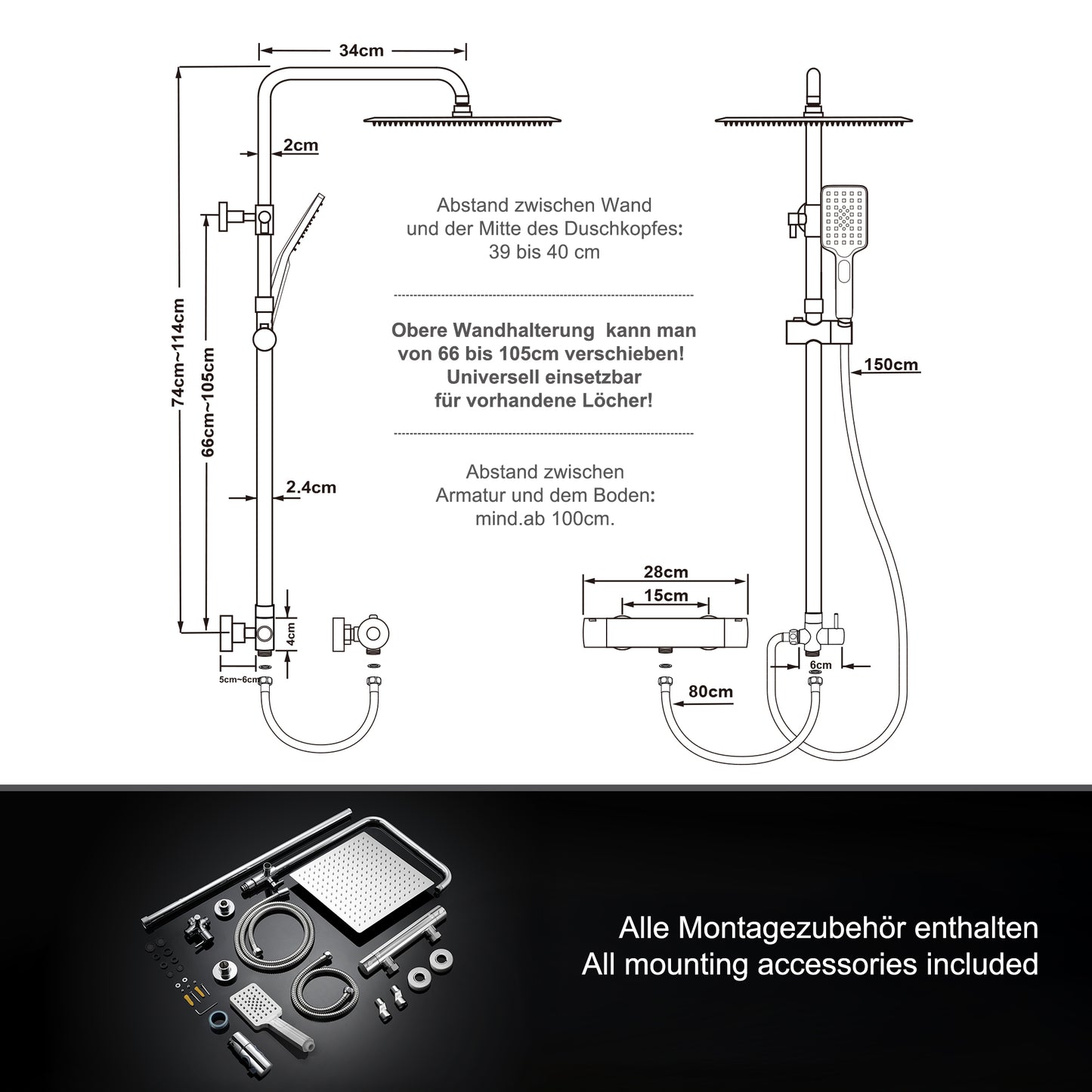 JOHO Regendusche Duschsystem mit Thermostatbatterie Edelstahl Duschset mit Duscharmatur Komplettset Chrom