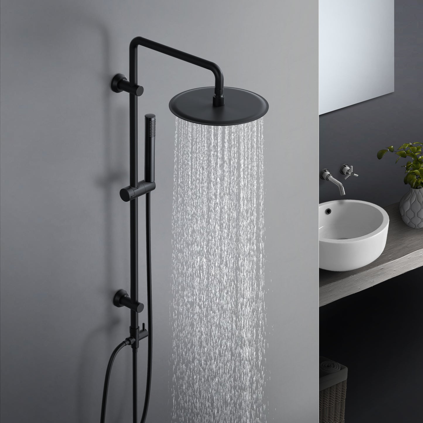 JOHO Regendusche Duschsystem ohne Armatur, Edelstahl Duschset mit 92cm Duschstange, Rund Überkopfbrause Schwarz