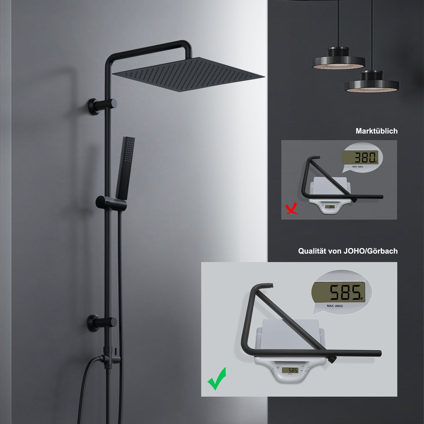 JOHO Regendusche Duschsystem ohne Armatur, Edelstahl Duschset mit 92cm Duschstange, Eckig Überkopfbrause , Schwarz