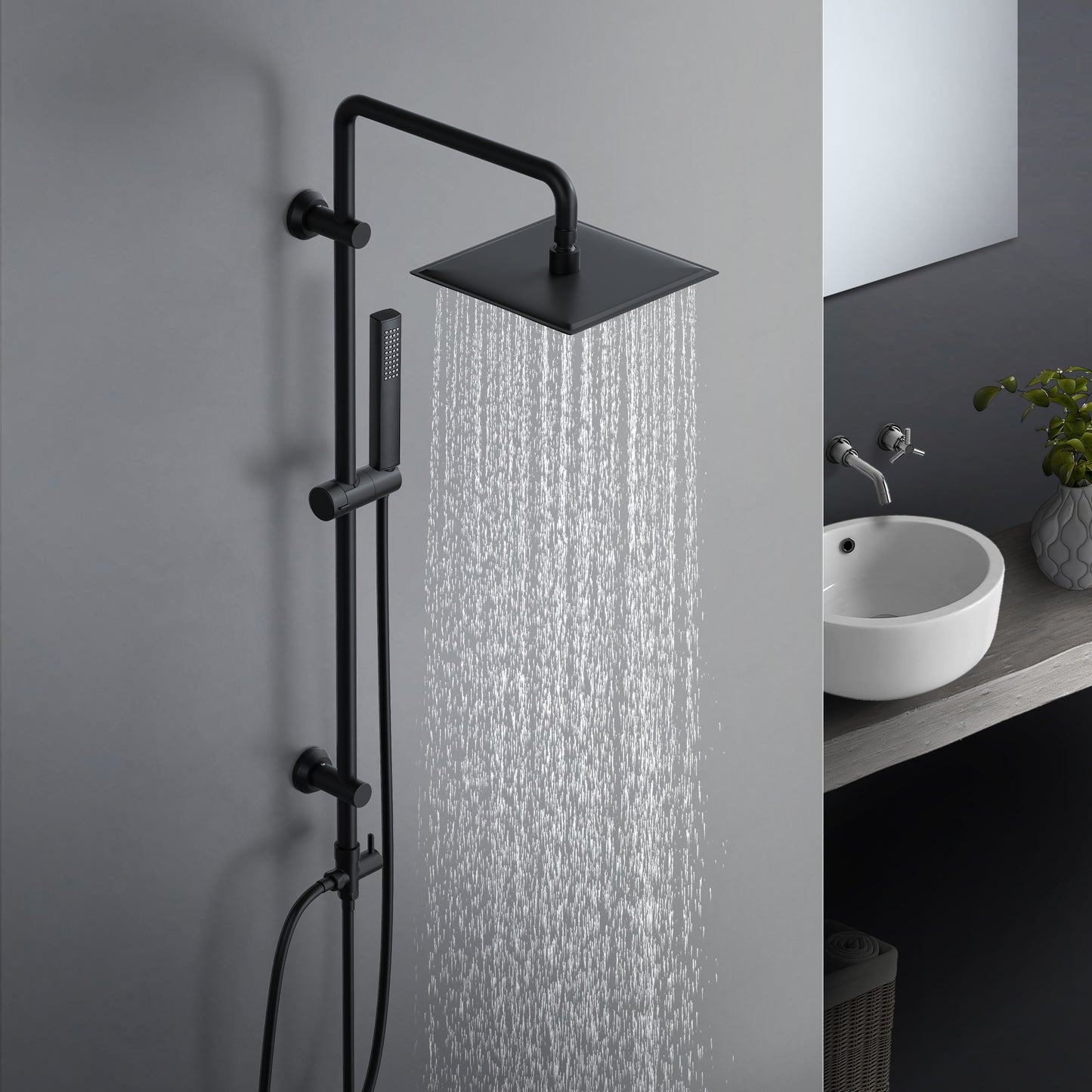 JOHO Regendusche Duschsystem ohne Armatur, Edelstahl Duschset mit 92cm Duschstange, Eckig Überkopfbrause , Schwarz