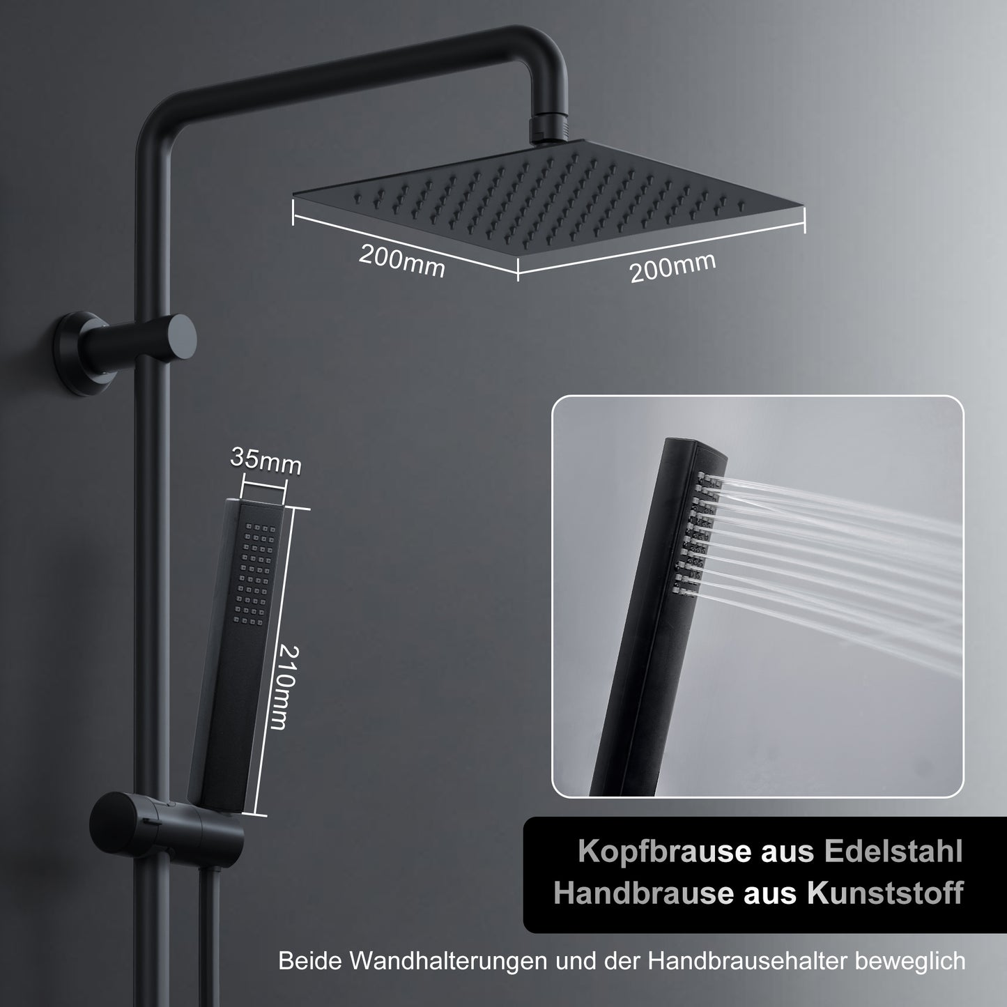 JOHO Regendusche Duschsystem ohne Armatur, Edelstahl Duschset mit 92cm Duschstange, Eckig Überkopfbrause , Schwarz