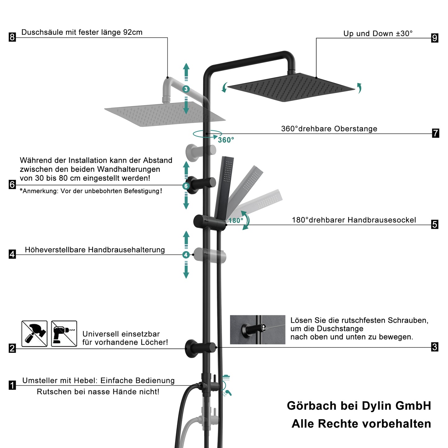 JOHO Regendusche Duschsystem ohne Armatur, Edelstahl Duschset mit 92cm Duschstange, Eckig Überkopfbrause , Schwarz