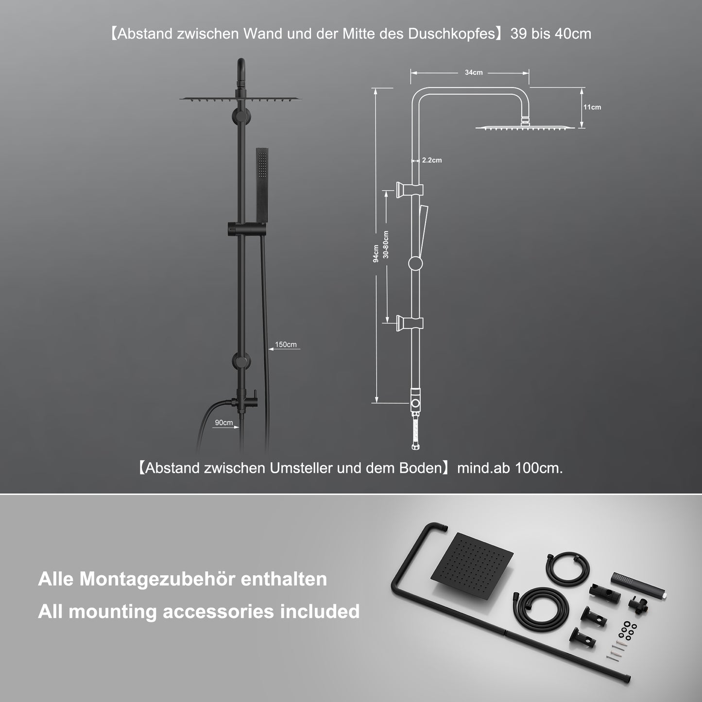 JOHO Regendusche Duschsystem ohne Armatur, Edelstahl Duschset mit 92cm Duschstange, Eckig Überkopfbrause , Schwarz