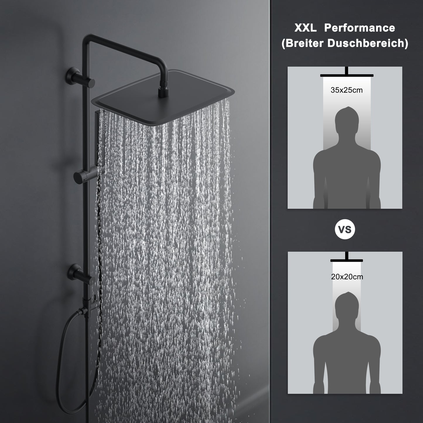 JOHO Regendusche Duschsystem ohne Armatur, Edelstahl Duschset mit 92cm Duschstange, XXL Überkopfbrause Rechteckig 35 * 25cm Schwarz