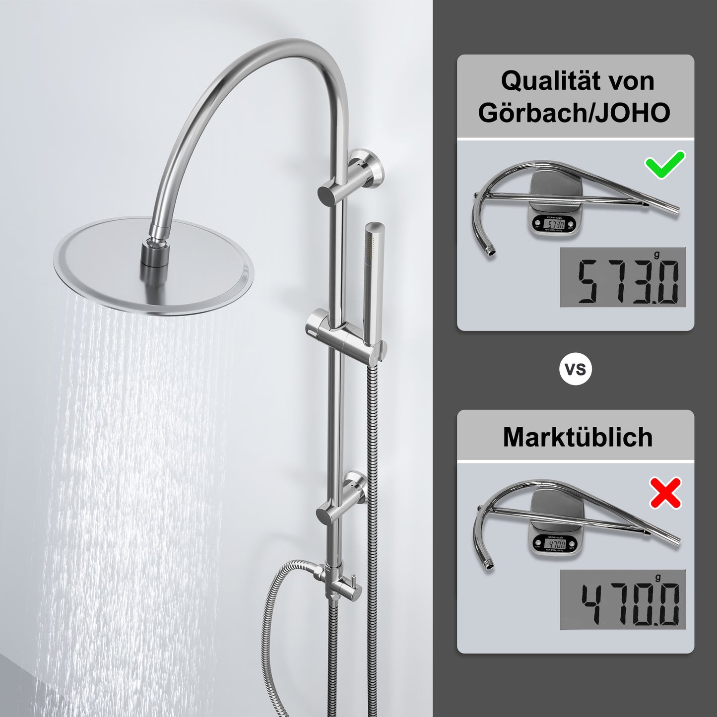 JOHO Regendusche Duschsystem mit Duschablage, Rund Kopfbrause und U Duschstange 92cm Chrom