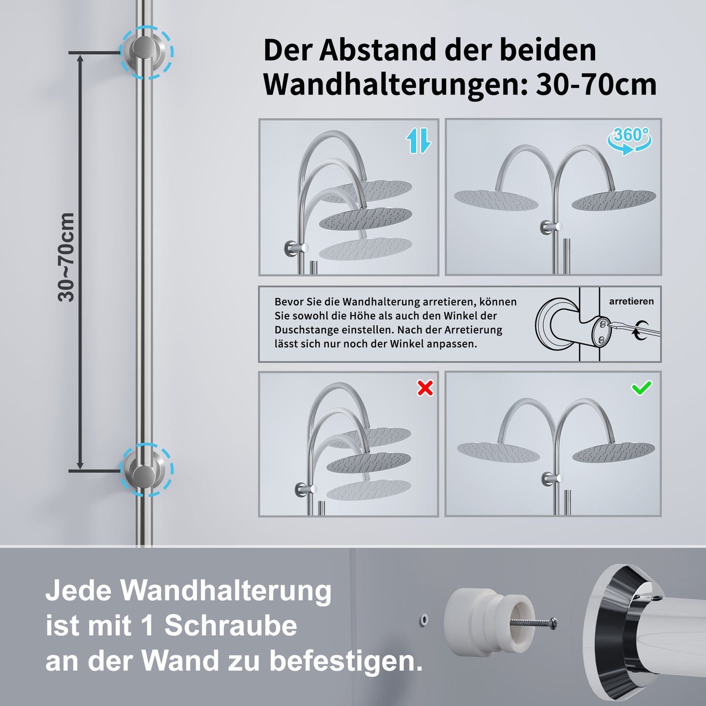 JOHO Regendusche Duschsystem mit Duschablage, Rund Kopfbrause und U Duschstange 92cm Chrom