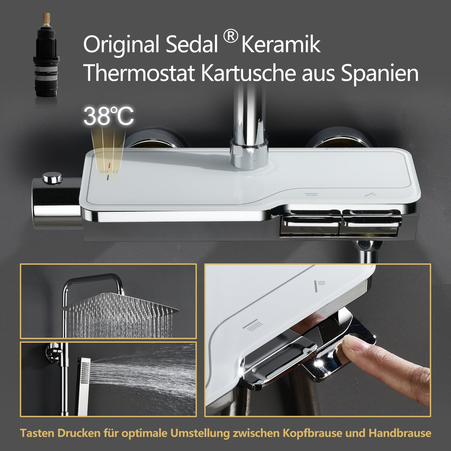 JOHO Thermostat Duschsystem mit Thermostatische, 35*25CM Überkopfbrause,Handbrause,Duschstange Chrom
