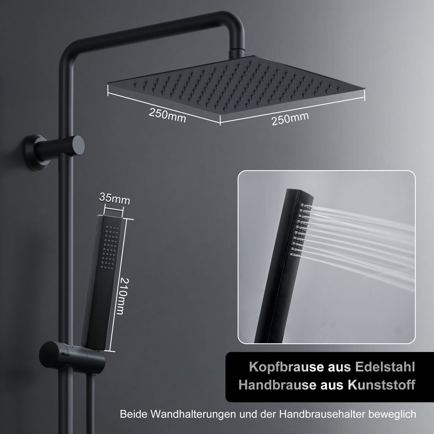 JOHO Regendusche Duschsystem ohne Armatur, Edelstahl Duschset mit 92cm Duschstange, Eckig Überkopfbrause , Schwarz