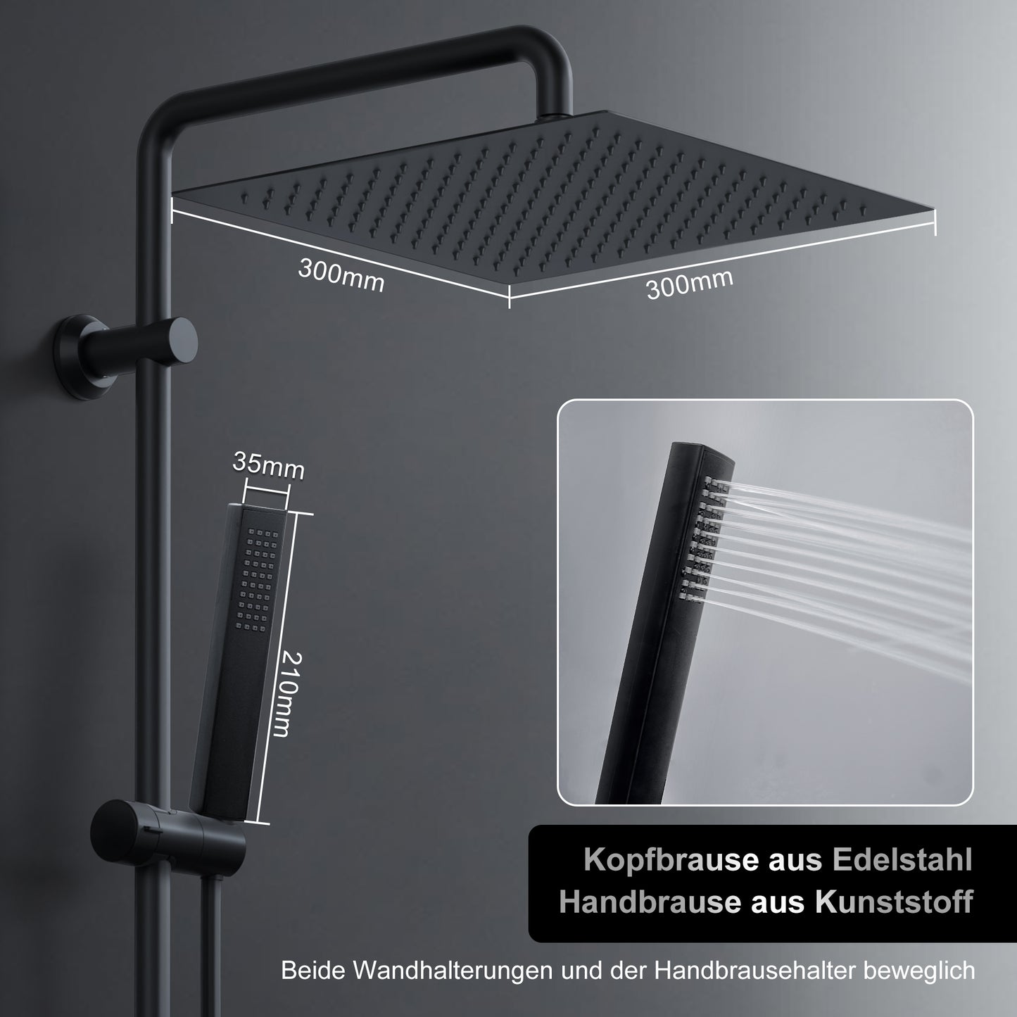 JOHO Regendusche Duschsystem ohne Armatur, Edelstahl Duschset mit 92cm Duschstange, Eckig Überkopfbrause , Schwarz