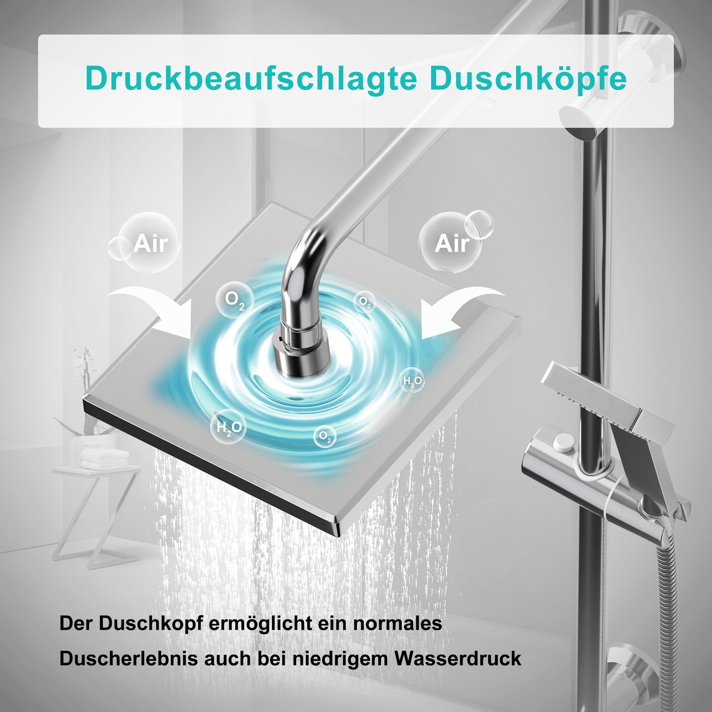 JOHO ABS Kopfbrause Eckig Regendusche Duschkopf mit Handbrause, 8 Zoll Brausekopf Quadratisch Einbauduschkopf Mit Anti-Kalk Düsen 20x20cm Chrom