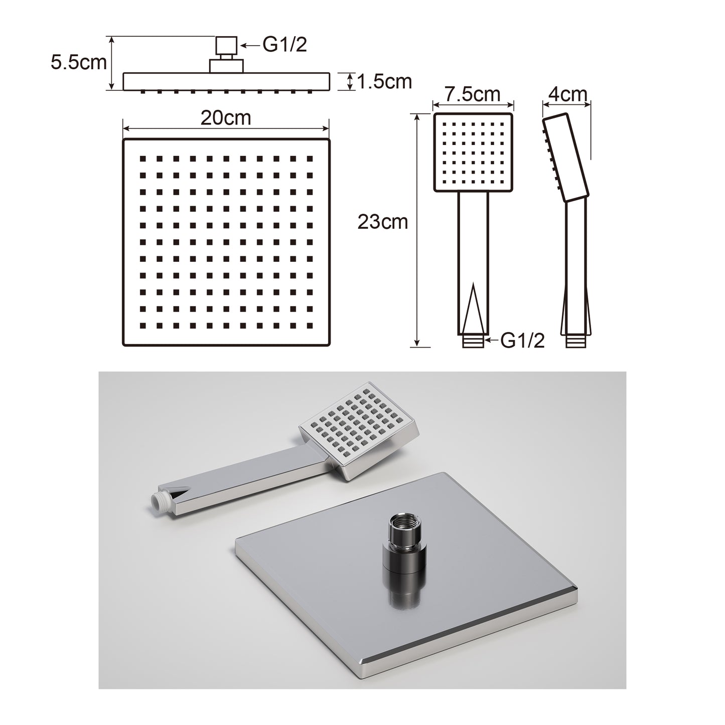 JOHO ABS Kopfbrause Eckig Regendusche Duschkopf mit Handbrause, 8 Zoll Brausekopf Quadratisch Einbauduschkopf Mit Anti-Kalk Düsen 20x20cm Chrom