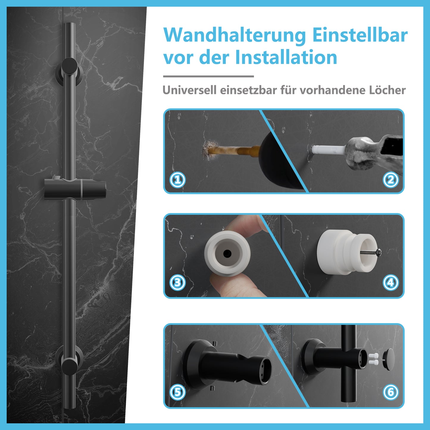 JOHO Schwarz Duschset mit Handbrause 70cm Duschstange mit Brausehalterung Schlauch 1210MB
