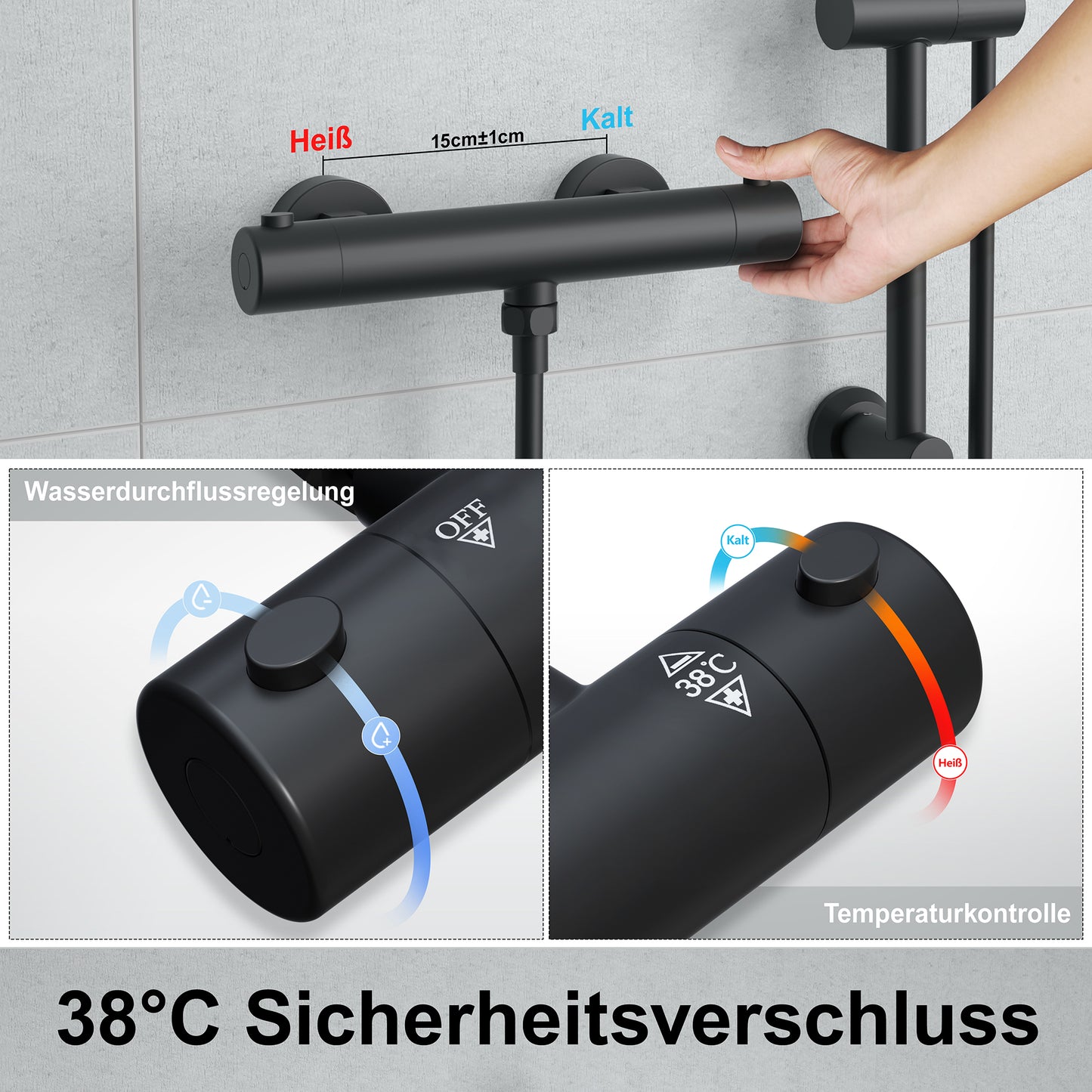 JOHO Thermostat Duscharmatur mit Duschstangen-Set, Thermostat-Brausebatterie mit Brausegarnitur, Thermostat Mischbatterie Dusche + Edelstahl Brausestangeset 70cm, Rechteckig Matt Schwarz