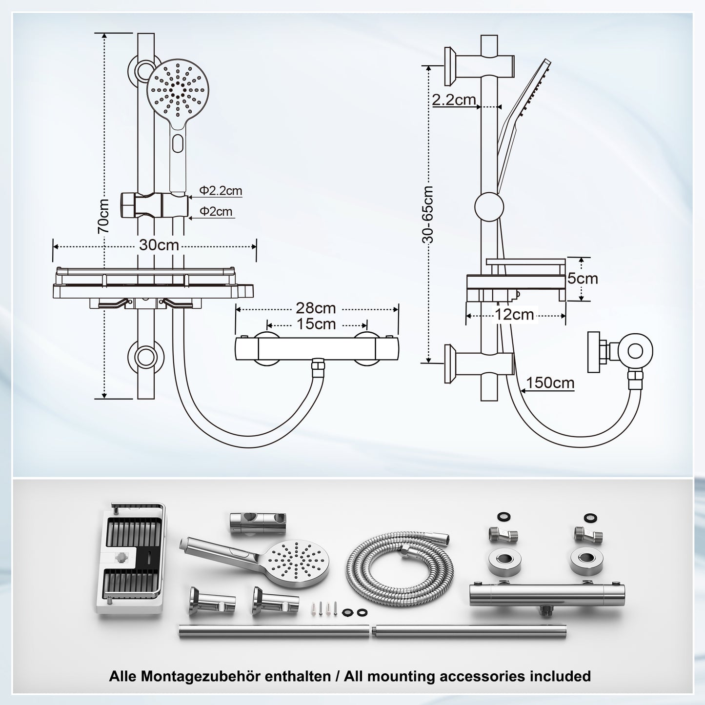 JOHO Thermostat Duscharmatur mit Duschstangen-Set, Thermostat-Brausebatterie mit Brausegarnitur, Thermostat Mischbatterie Dusche + Edelstahl Brausestangeset 70cm, Rechteckig Chrom