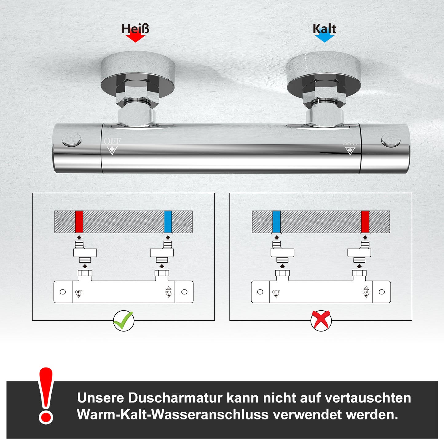 JOHO Thermostat Duscharmatur mit Duschstangen-Set, Thermostat-Brausebatterie mit Brausegarnitur, Thermostat Mischbatterie Dusche + Edelstahl Brausestangeset 70cm, Rechteckig Chrom