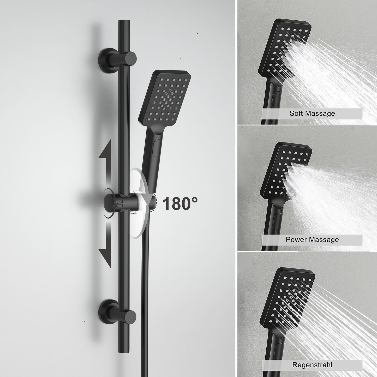 JOHO Thermostat Duschsystem mit Duscharmatur, Duschstangeset mit Duschablage, Thermostat Mischbatterie Dusche + Edelstahl Brausestangeset 70cm mit Handbrause und Schlauch Rechteckig Matt Schwarz