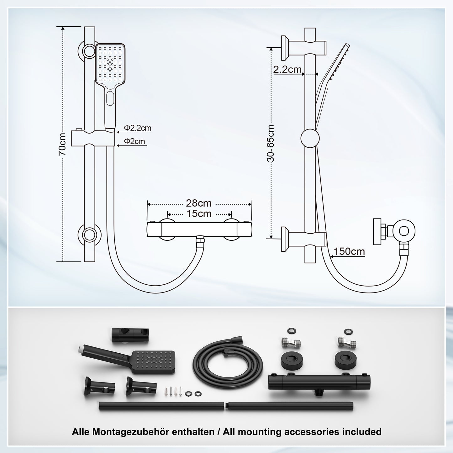 JOHO Thermostat Duscharmatur mit Duschstangen-Set, Thermostat-Brausebatterie mit Brausegarnitur, Thermostat Mischbatterie Dusche + Edelstahl Brausestangeset 70cm, Rechteckig Matt Schwarz