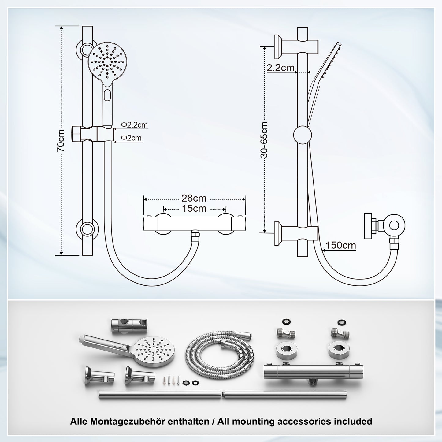 JOHO Thermostat Duscharmatur mit Duschstangen-Set, Thermostat-Brausebatterie mit Brausegarnitur, Thermostat Mischbatterie Dusche + Edelstahl Brausestangeset 70cm, Rund Chrom