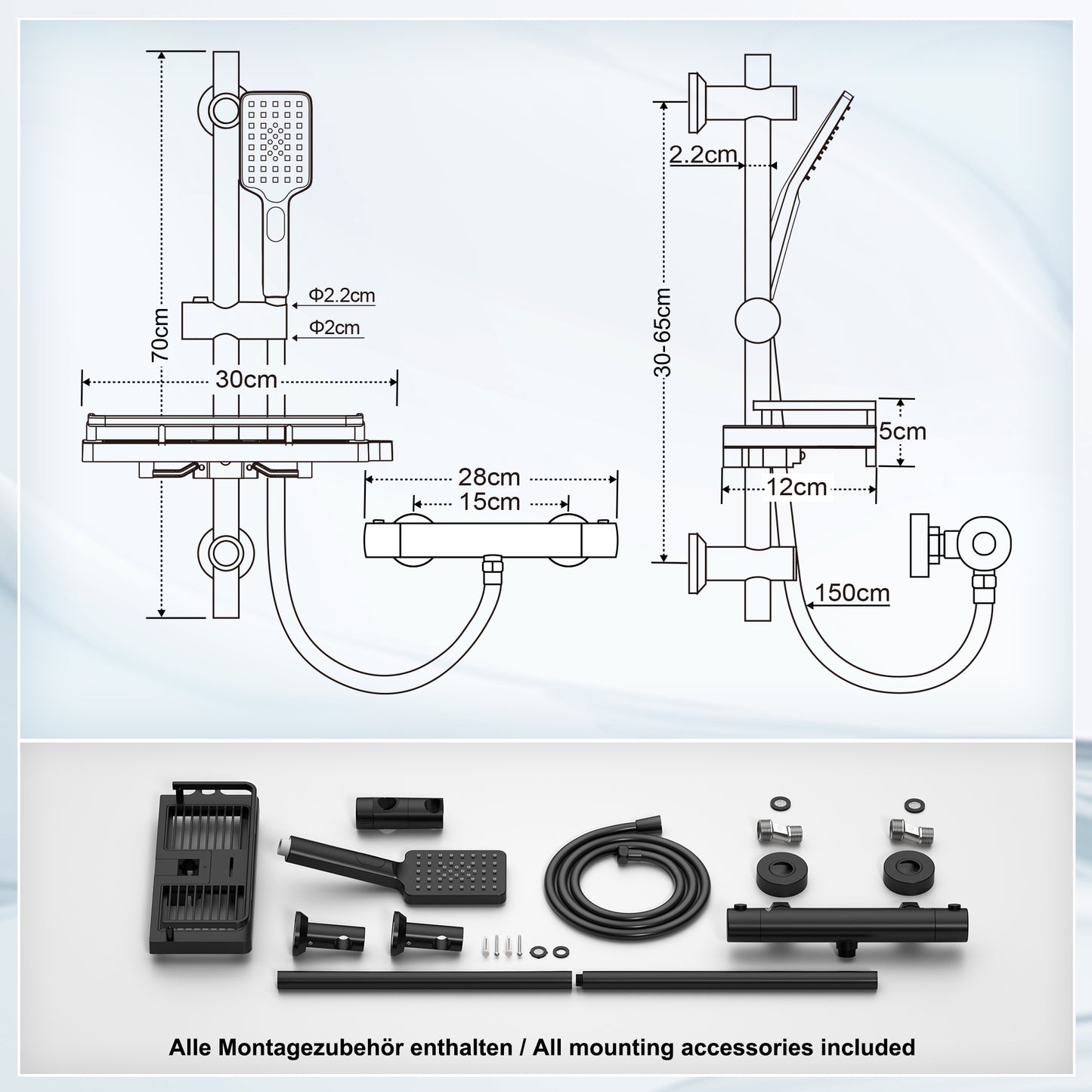 JOHO Thermostat Duschsystem mit Duscharmatur, Duschstangeset mit Duschablage, Thermostat Mischbatterie Dusche + Edelstahl Brausestangeset 70cm mit Handbrause und Schlauch Rechteckig Matt Schwarz
