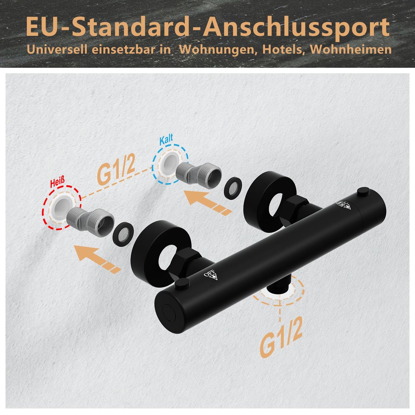 JOHO Thermostat Duschsystem mit Duscharmatur, Duschstangeset mit Duschablage, Thermostat Mischbatterie Dusche + Edelstahl Brausestangeset 70cm mit Handbrause und Schlauch Rechteckig Matt Schwarz