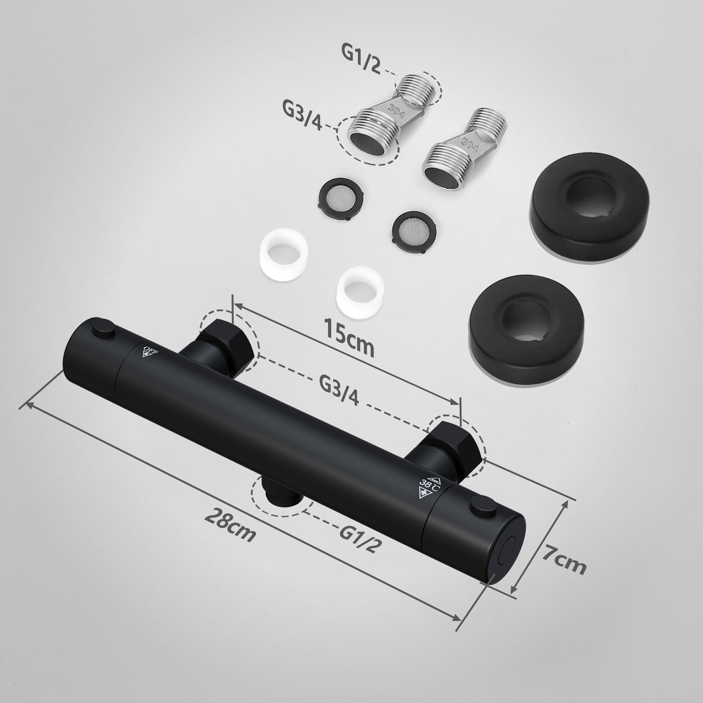 JOHO Thermostat Duscharmatur mit 38 °C Sicherheitstaste, Mischbatterie Dusche Thermostat, Schwarz Badewannenarmatur für Dusche und Badewanne