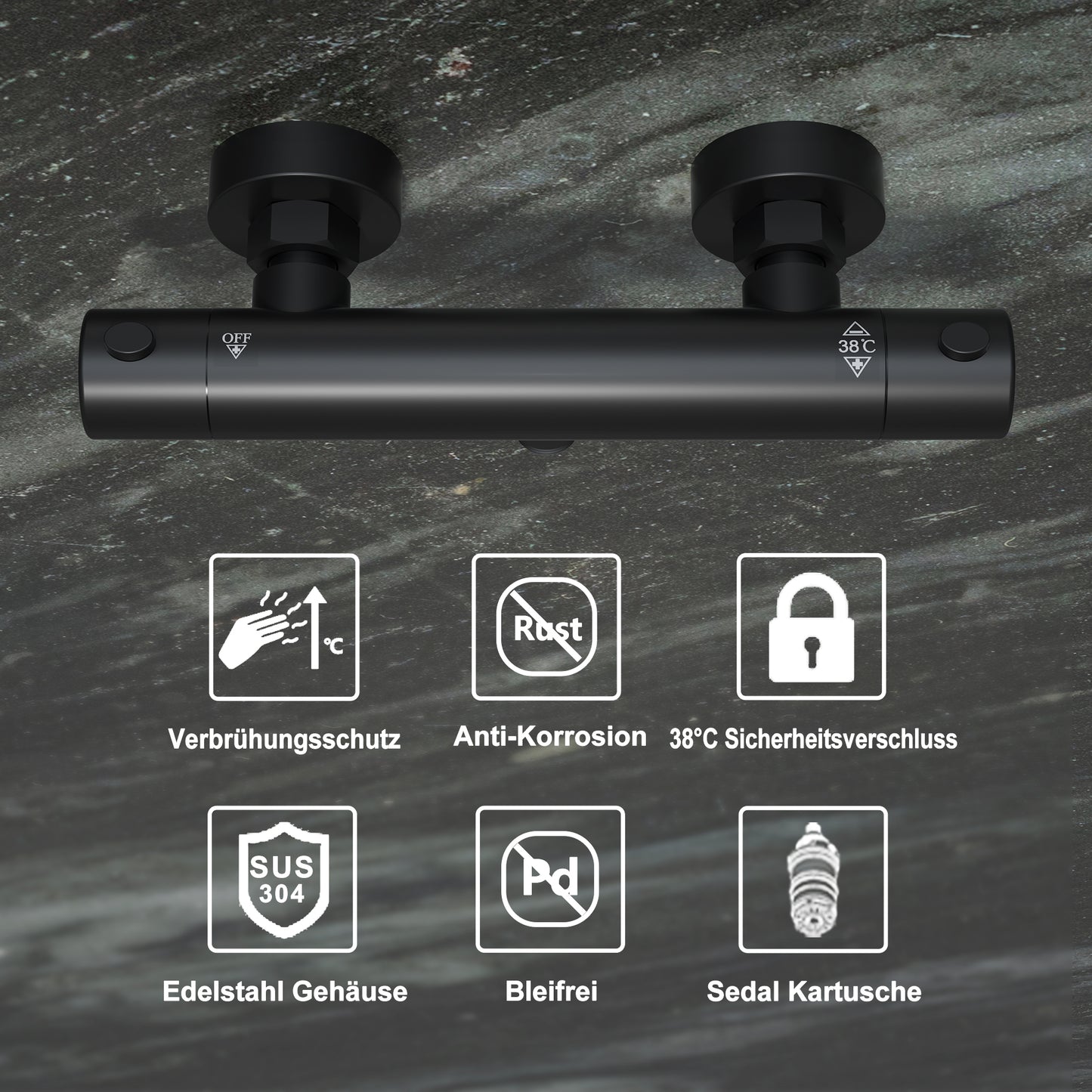 JOHO Thermostat Duscharmatur mit 38 °C Sicherheitstaste, Mischbatterie Dusche Thermostat, Schwarz Badewannenarmatur für Dusche und Badewanne