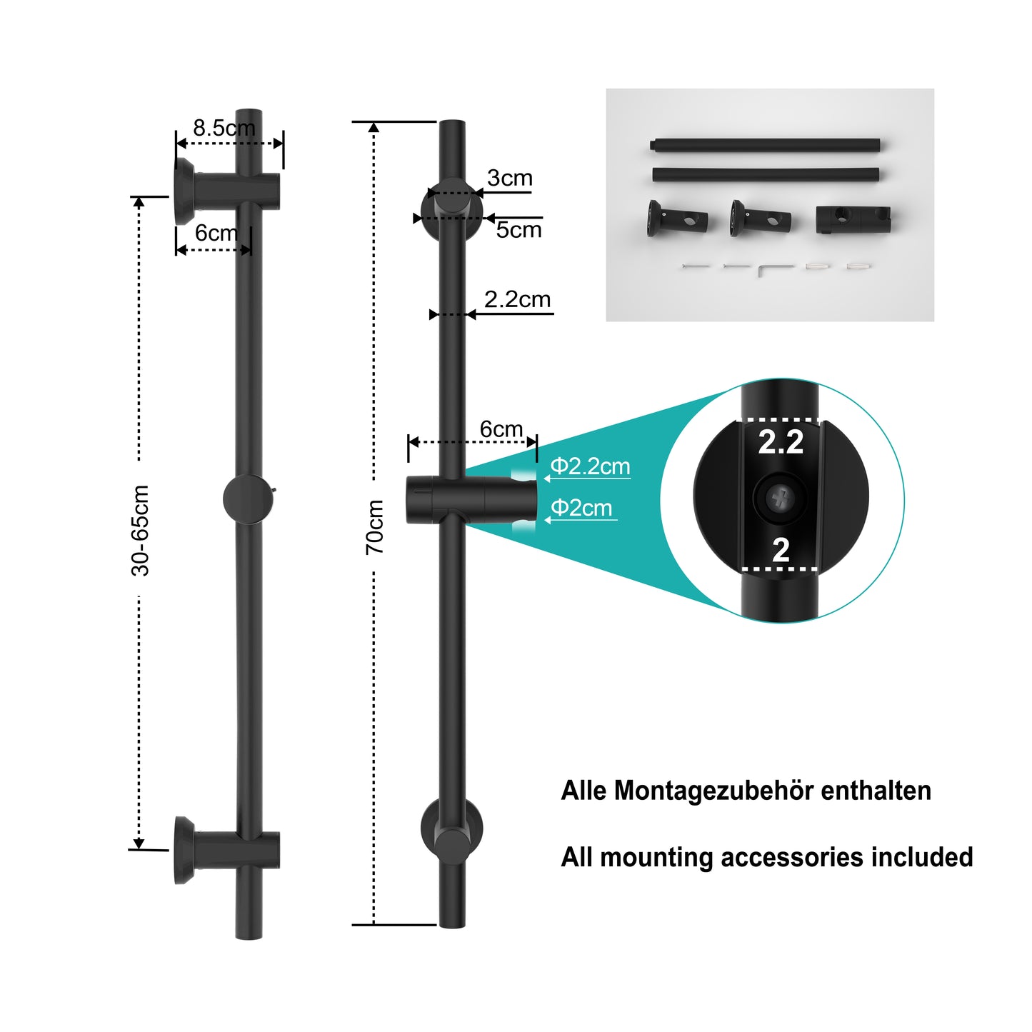JOHO Edelstahl Duschstange 70cm mit Duschkopfhalterung Matt Schwarz