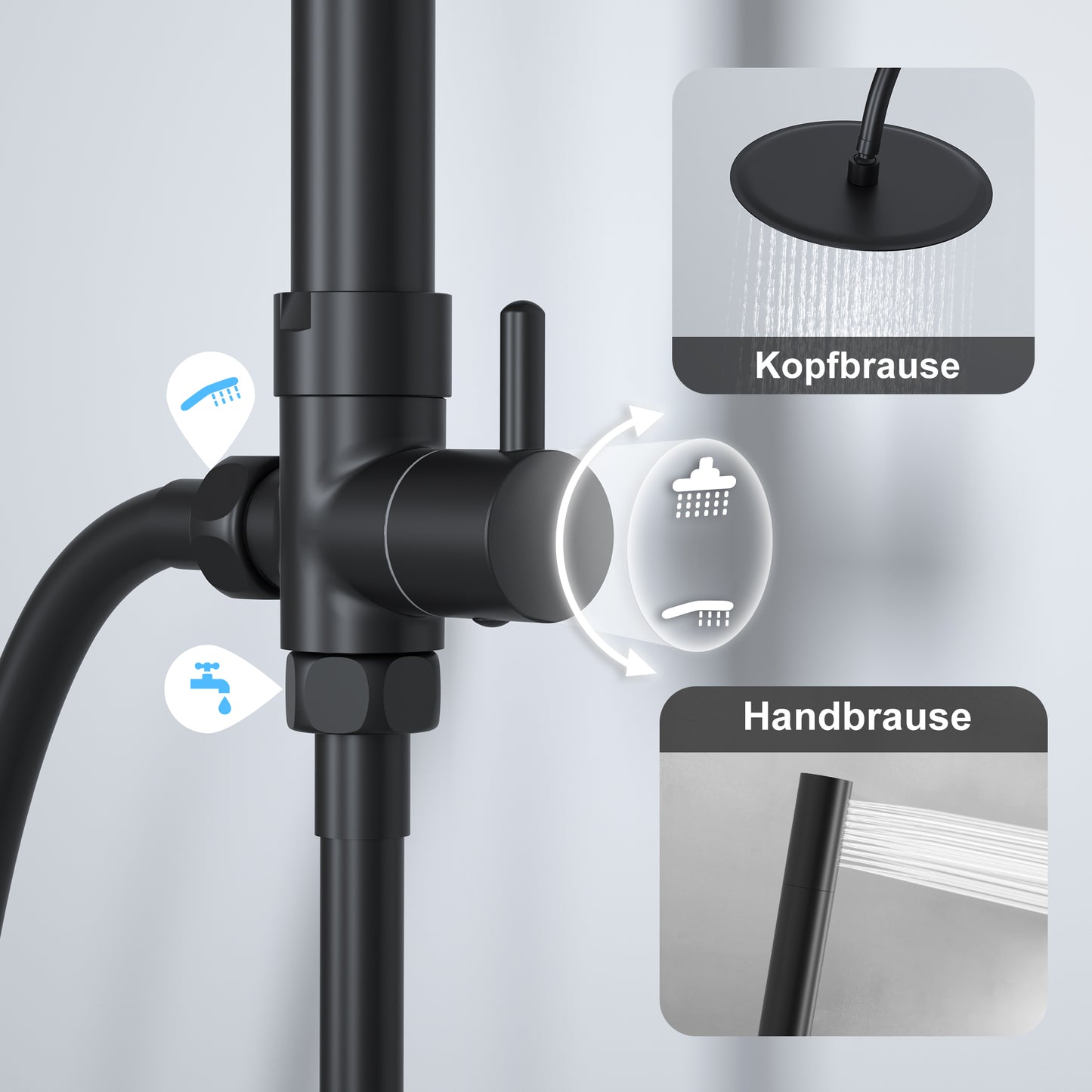 JOHO Regendusche Duschsystem mit Rund Kopfbrause und U Duschstange 92cm Schwarz
