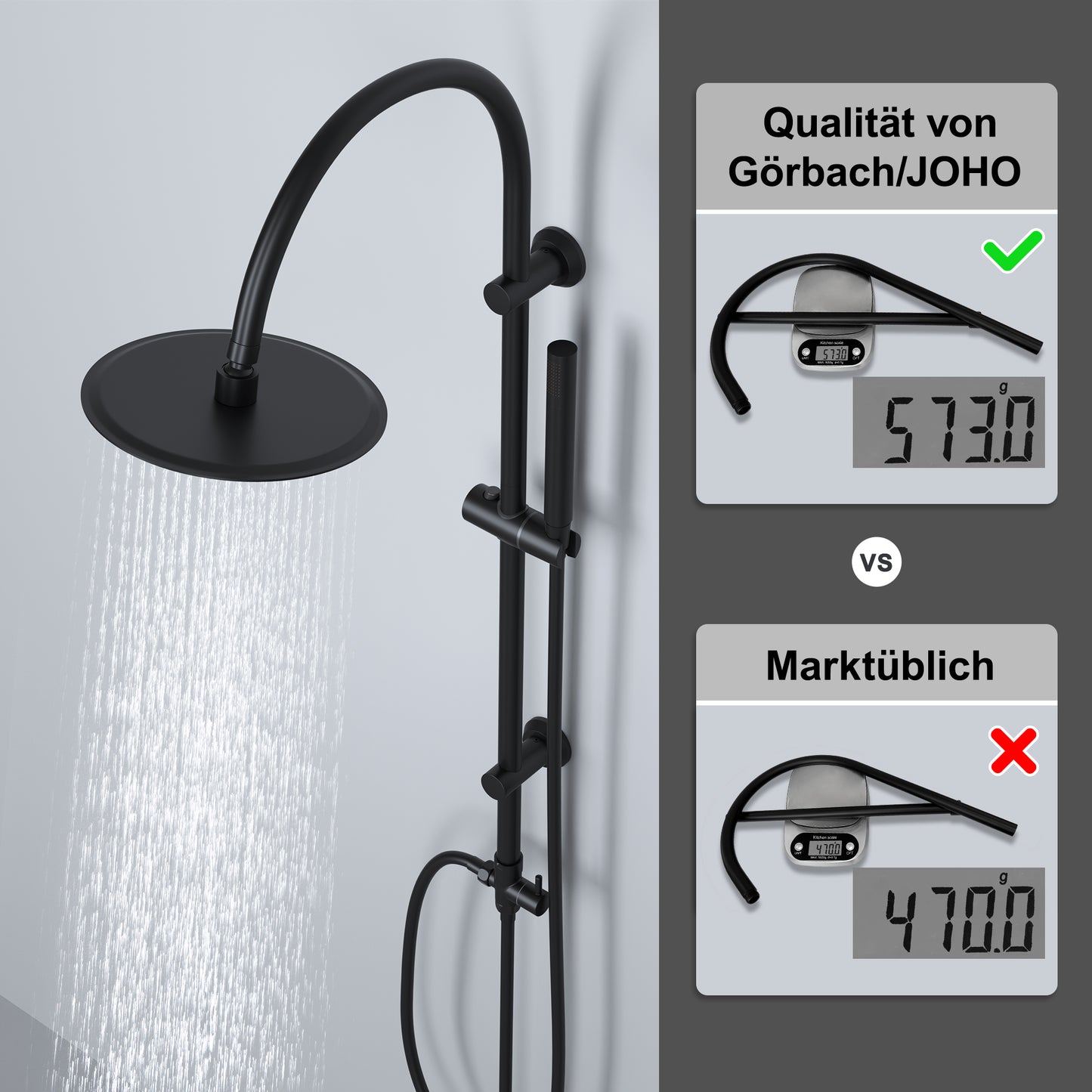 JOHO Regendusche Duschsystem mit Rund Kopfbrause und U Duschstange 92cm Schwarz