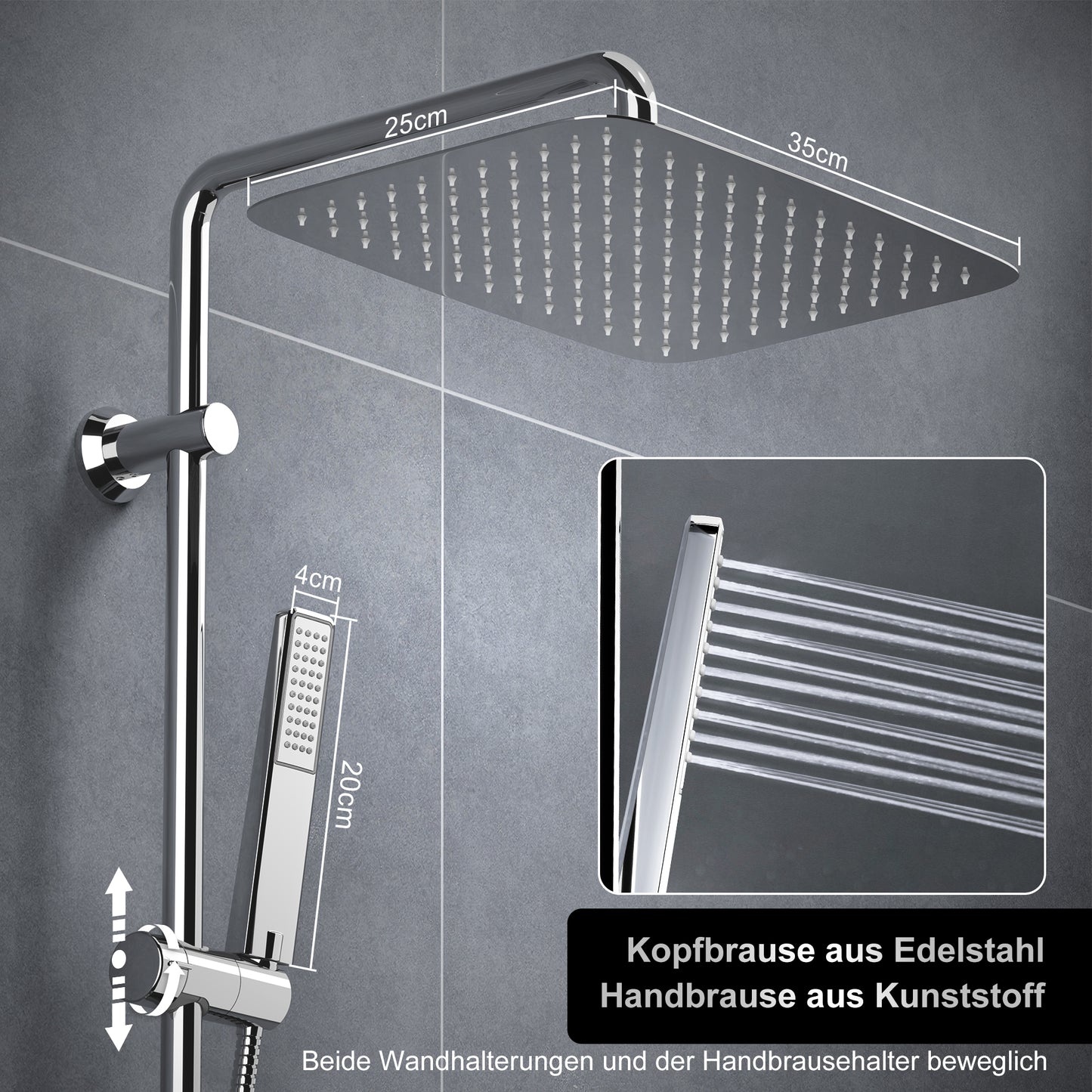 JOHO Regendusche Duschsystem 92 CM mit Ablage Kopfbrause rechteckig 35x25 CM Chrom