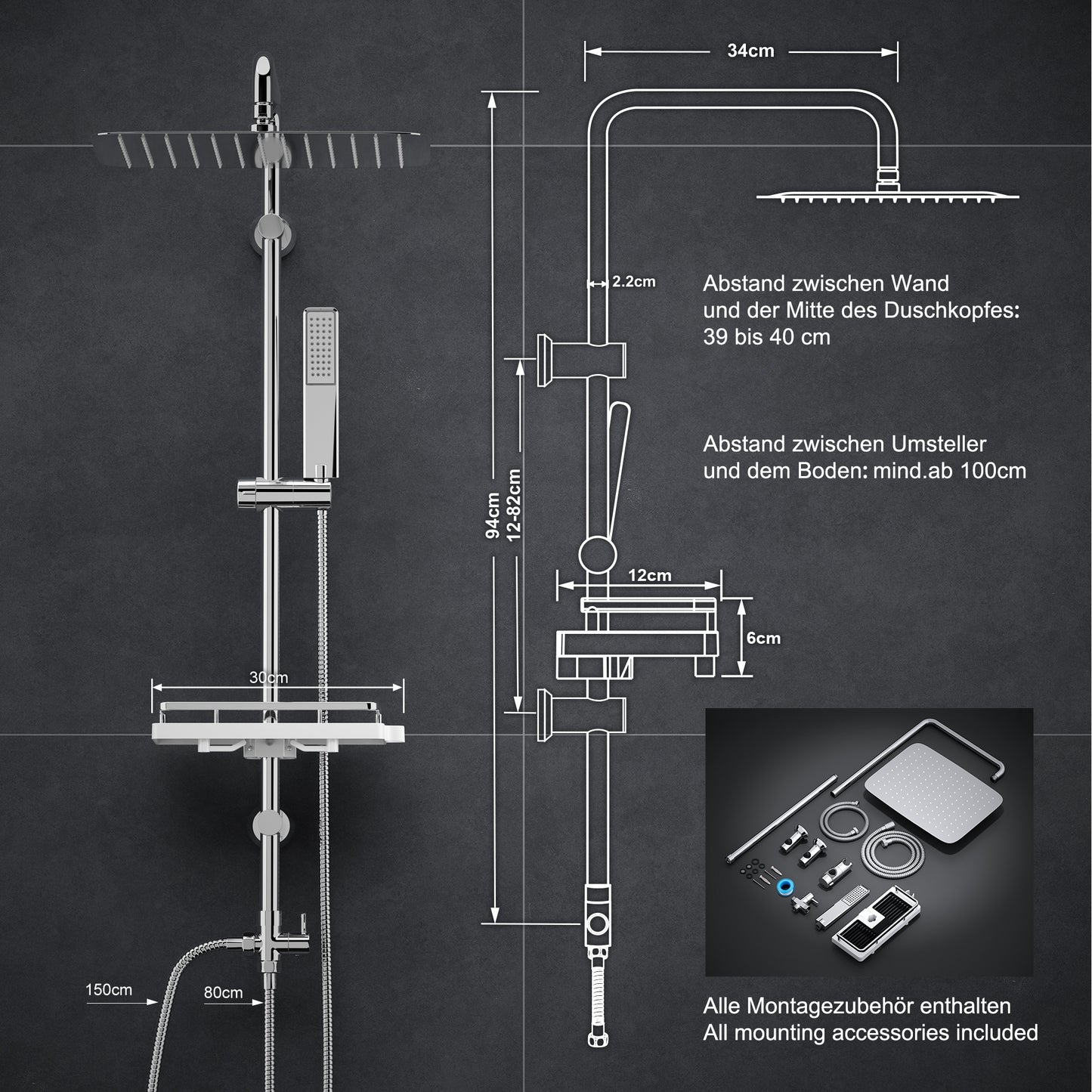 JOHO Regendusche Duschsystem 92 CM mit Ablage Kopfbrause rechteckig 35x25 CM Chrom