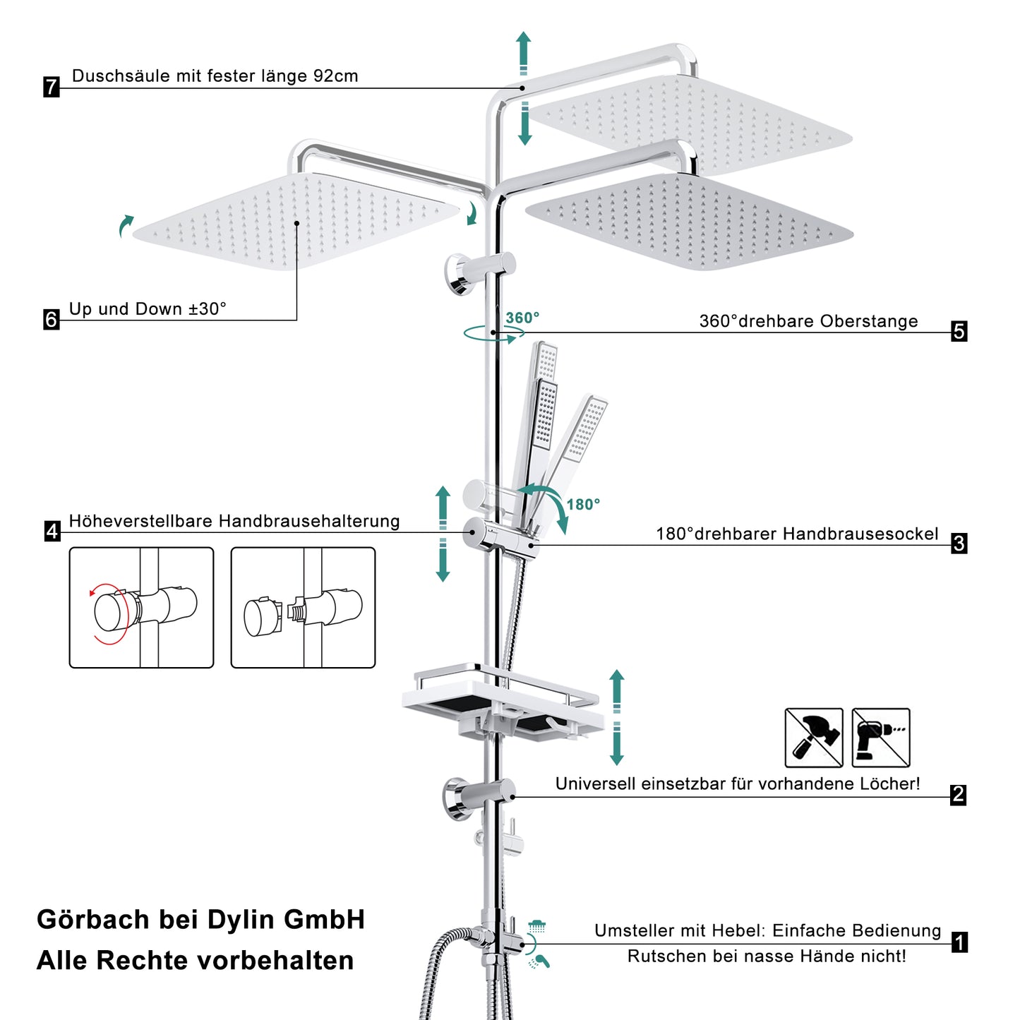 JOHO Regendusche Duschsystem 92 CM mit Ablage Kopfbrause rechteckig 35x25 CM Chrom