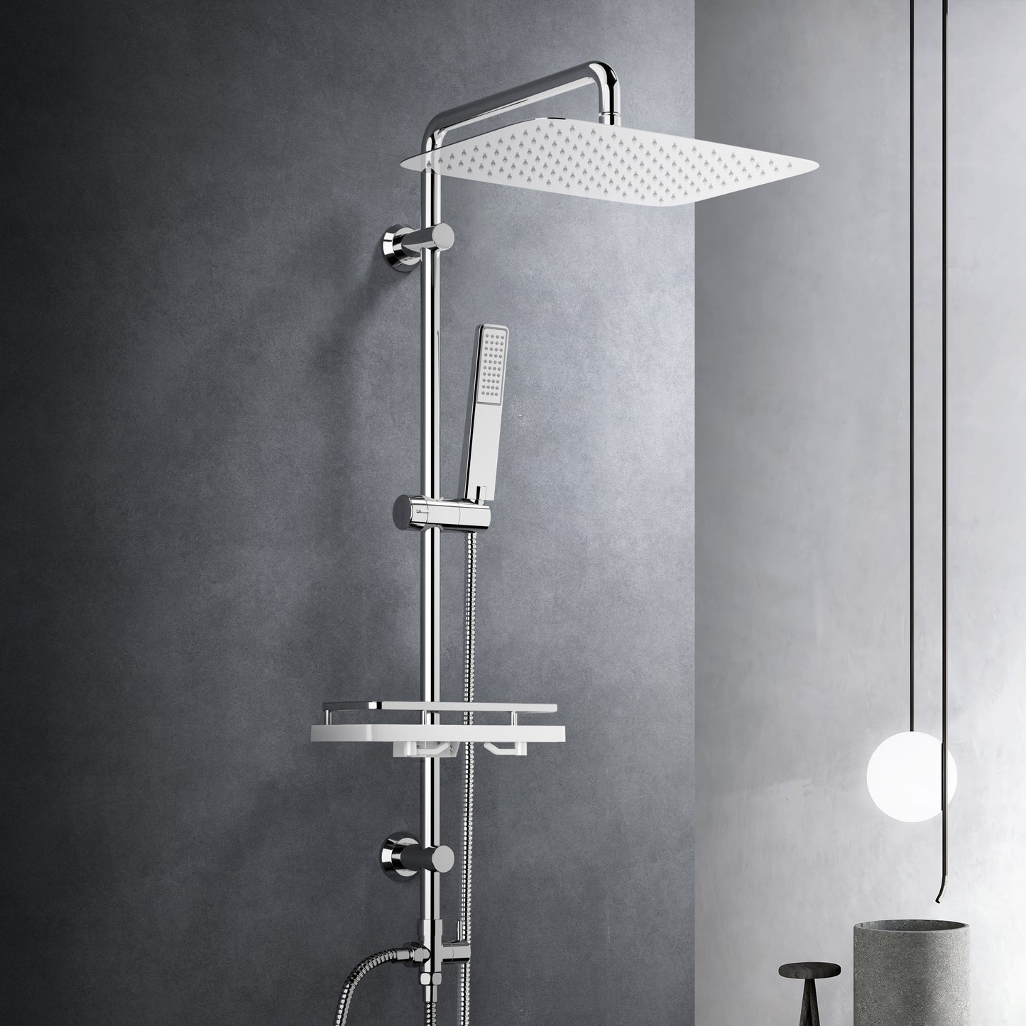 JOHO Regendusche Duschsystem 92 CM mit Ablage Kopfbrause rechteckig 35x25 CM Chrom
