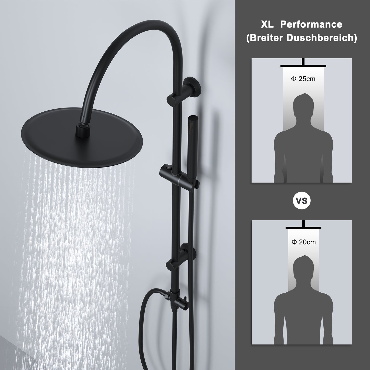 JOHO Regendusche Duschsystem mit Rund Kopfbrause und U Duschstange 92cm Schwarz