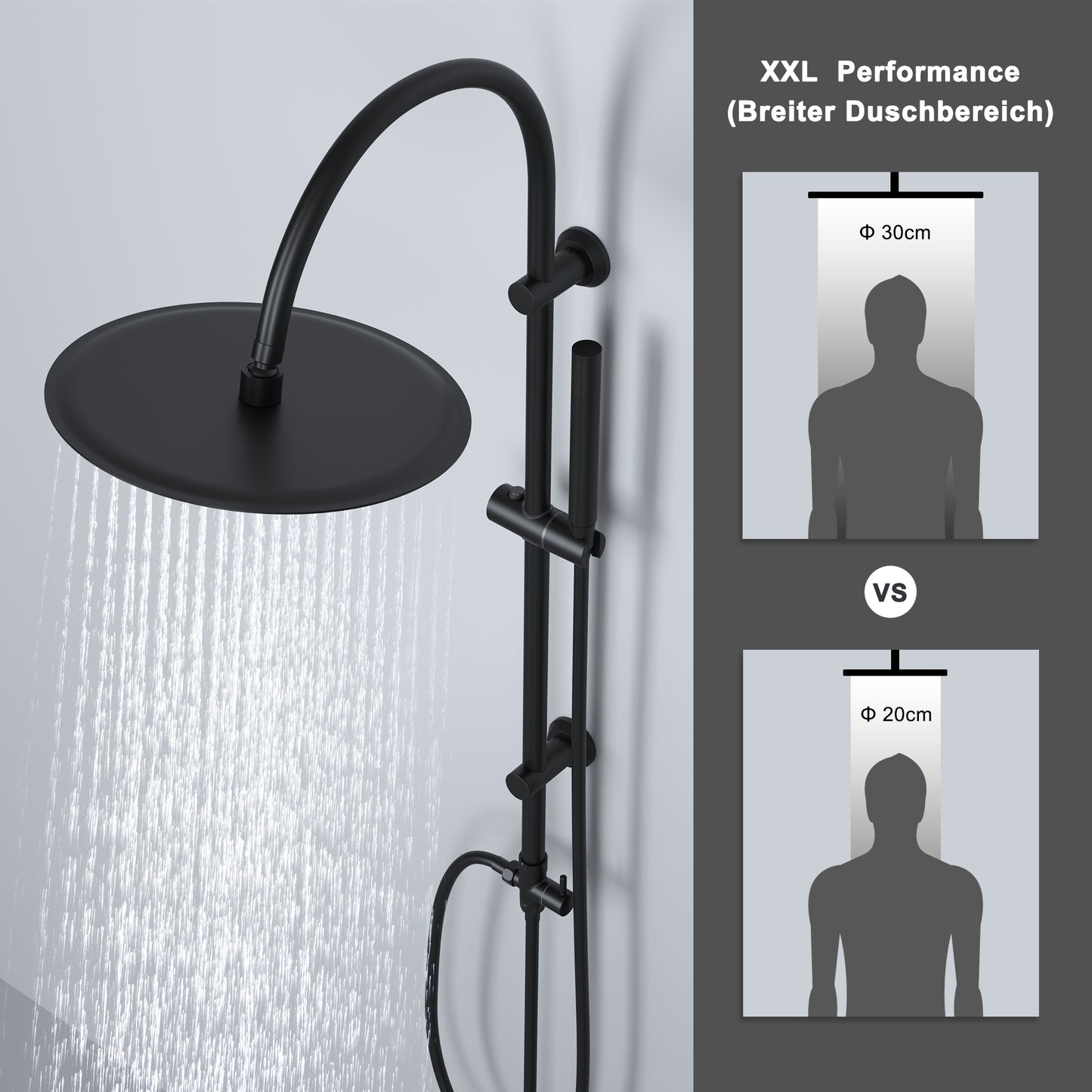 JOHO Regendusche Duschsystem mit Rund Kopfbrause und U Duschstange 92cm Schwarz