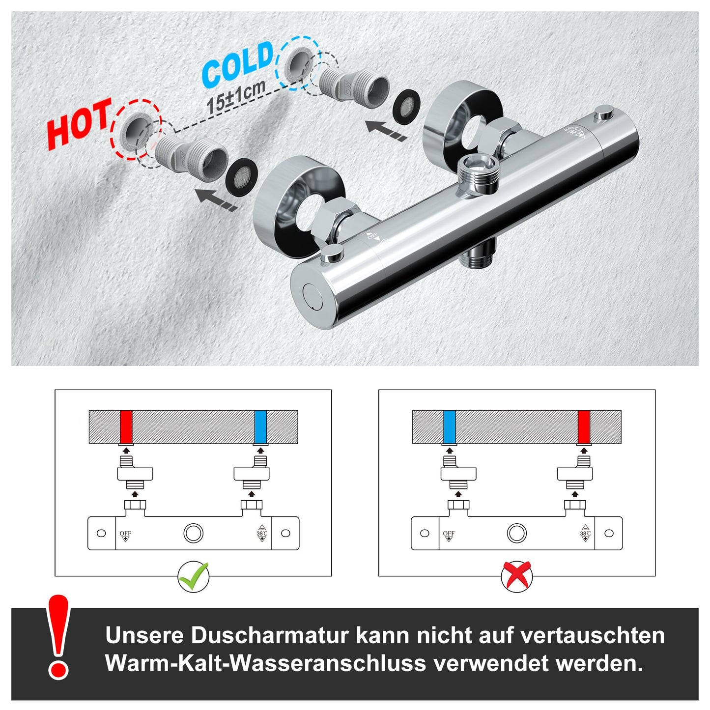 JOHO Regendusche Edelstahl Thermostat Duschset mit Kopfbrause, Duschsystem mit Thermostatarmatur, Chrom