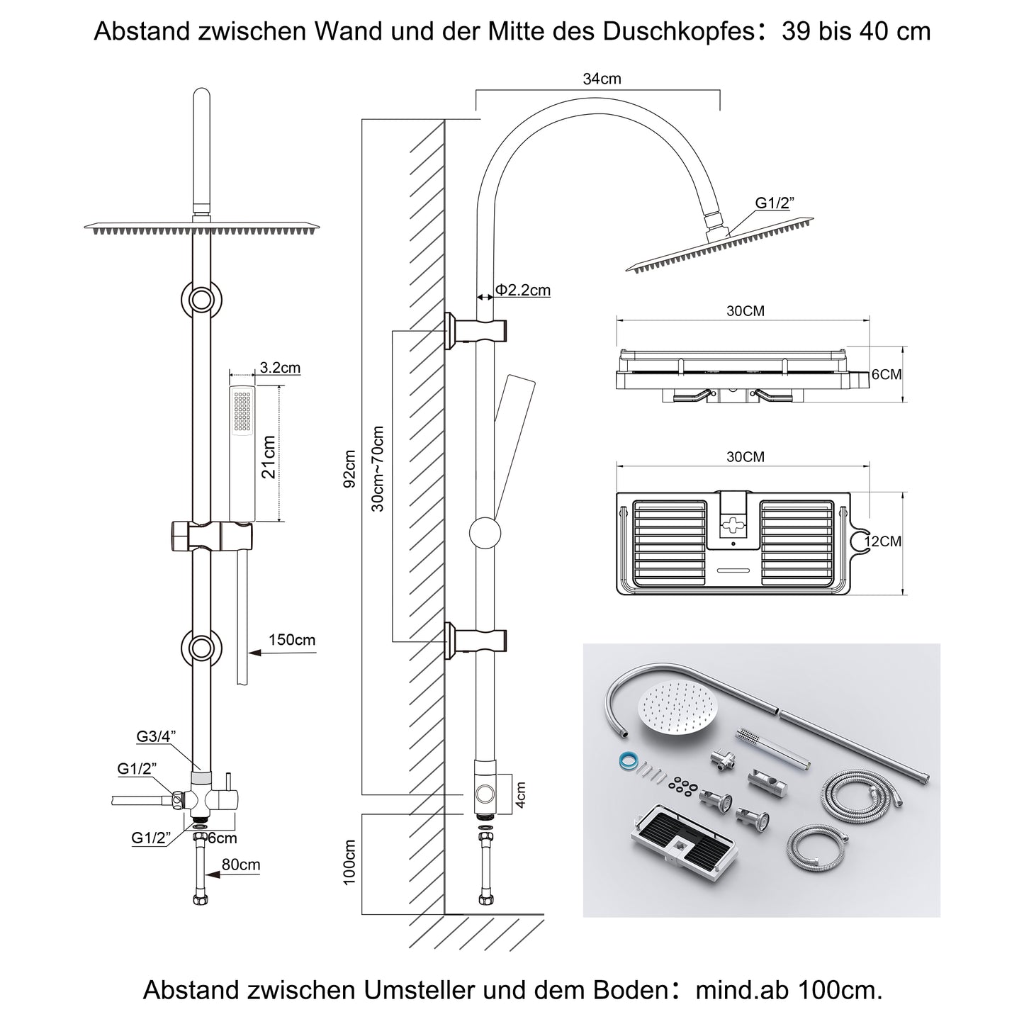 JOHO Regendusche Duschsystem mit Duschablage, Rund Kopfbrause und U Duschstange 92cm Chrom