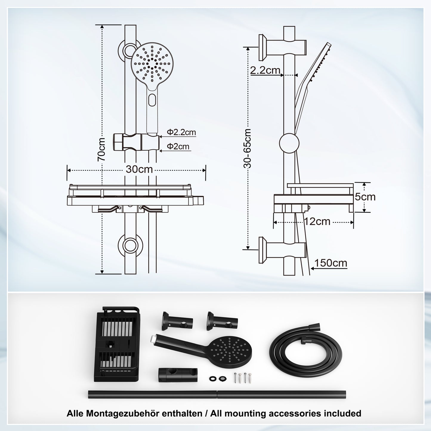 JOHO Duschset Rail Shower kit Rund Handbrause Duschstangeset mit Ablage schwarz (DSD12MB)