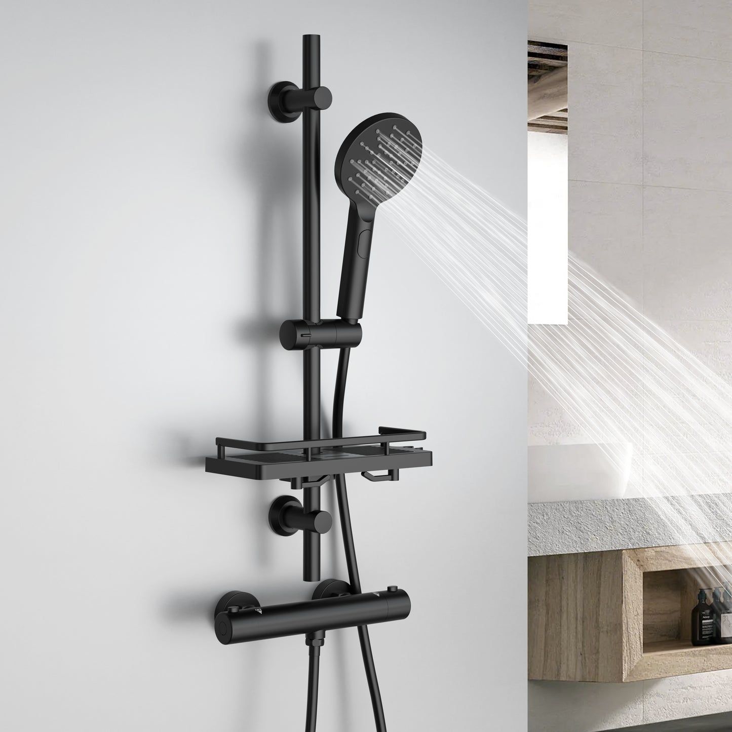JOHO Duschset Rail Shower kit Rund Handbrause Duschstangeset mit Ablage schwarz (DSD12MB)