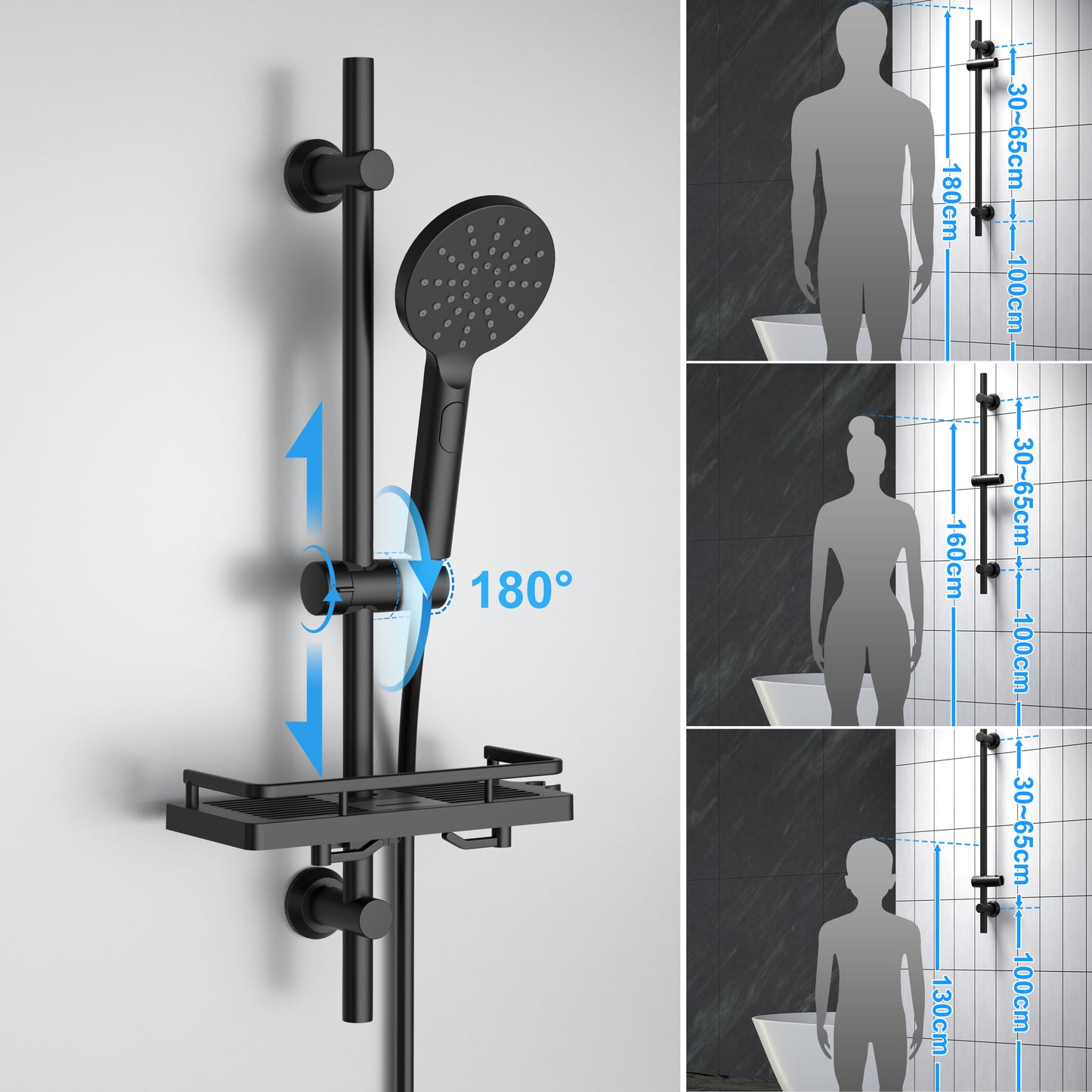 JOHO Duschset Rail Shower kit Rund Handbrause Duschstangeset mit Ablage schwarz (DSD12MB)