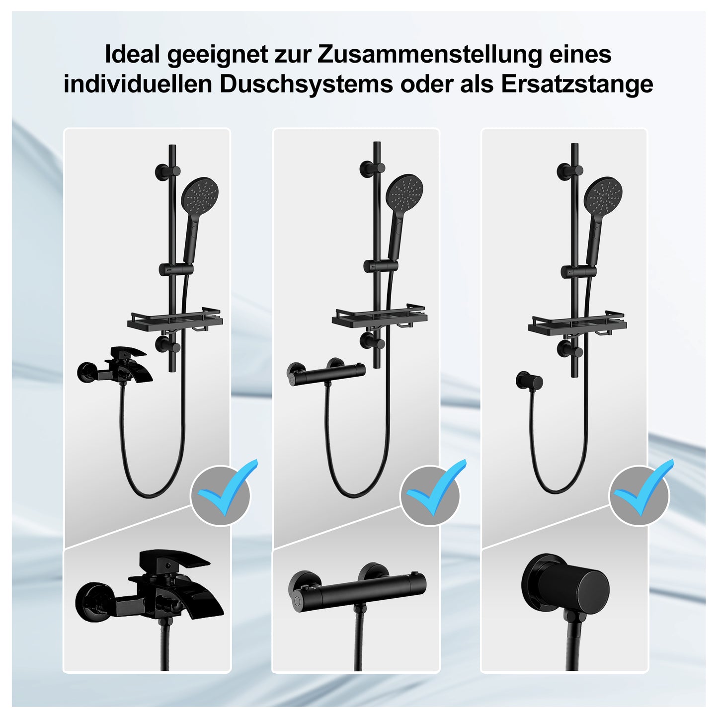 JOHO Duschset Rail Shower kit Rund Handbrause Duschstangeset mit Ablage schwarz (DSD12MB)