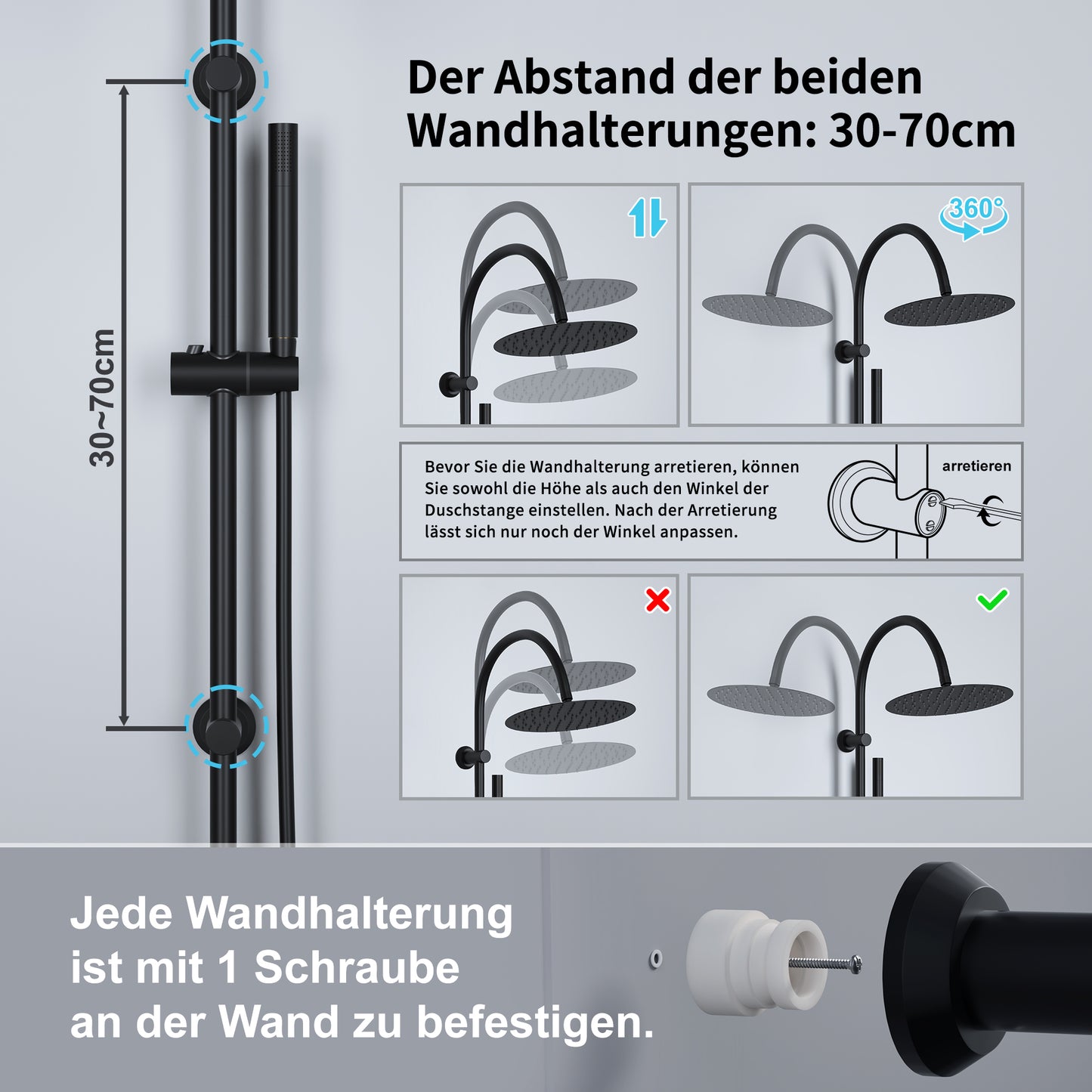 JOHO Regendusche Duschsystem mit Rund Kopfbrause und U Duschstange 92cm Schwarz